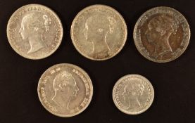 Queen Victoria fourpences comprising 1838, 1842 and 1845, together with a William IV 1834 example,