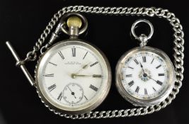 Two hallmarked silver open faced pocket watches comprising Waltham Keyless winding with inset