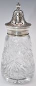 Hallmarked silver topped cut glass sugar caster, Birmingham 1965, maker Barker Ellis Silver Co,