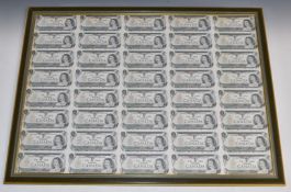 Framed Canada dollar 'last dollar' uncut sheet of banknotes