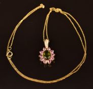 A 9ct gold pendant set with an oval cut idocrase surrounded by pink sapphires, on 9ct gold chain,