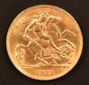 George V 1911 gold half sovereign