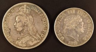 George III 1819 florin VF/EF, together with a Queen Victoria Jubilee crown G/F 1890
