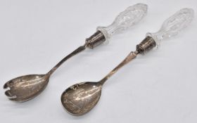 Pair of Victorian hallmarked silver cut glass handled salad servers, Birmingham 1898, maker Barker