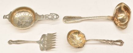 Hallmarked silver tea strainer, white metal sifter spoon or strainer marked Sterling, similarly