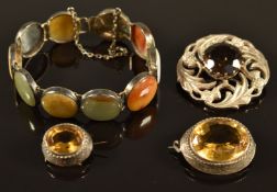 Scottish silver brooch set with smoky quartz, silver bracelet set with agate cabochons and two