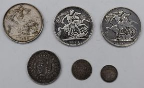 Six Victorian coins to include three Jubilee crowns, a half crown (VF), a threepence and a quarter