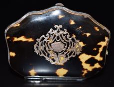 Late 19th/early 20thC French gold inlaid metal bound blonde tortoiseshell piqué purse with scrolling