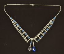 Art Deco platinon necklace set with blue and clear paste