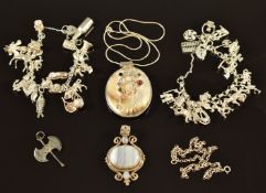 Two silver charm bracelets with over forty silver charms including Guinness, cats, fish, elephant,