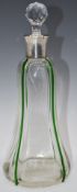 Edward VII hallmarked silver mounted clear and green glass decanter, Birmingham 1903, maker's mark