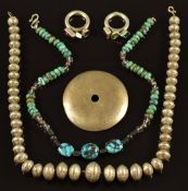 A small collection of silver jewellery including a silver and turquoise necklace, Navajo pearls