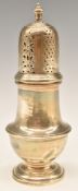 Harrods George VI hallmarked silver sugar caster of baluster form, Birmingham 1939, maker's mark RWB
