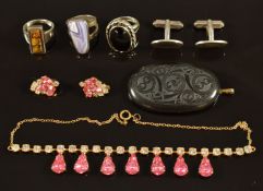 Three silver rings, silver cufflinks, paste necklace etc