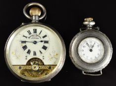 Two silver keyless winding open faced pocket watches comprising Hebdomas with visible escapement,