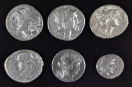Roman Republic coinage comprising six silver coins covering c110-42BC, comprising five silver