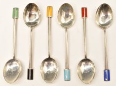 Set of six Art Deco hallmarked silver and enamel teaspoons, Birmingham 1936, maker Turner &