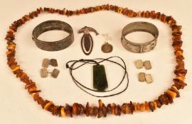 A group of silver items including two bangles, bookmarks and cufflinks, a nephrite jade pendant