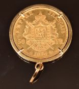 1856 Napoleon III 50 franc coin in yellow metal pendant mount, 20.5g