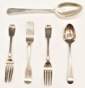 Georgian and later hallmarked silver cutlery comprising table spoon, three dessert forks and a