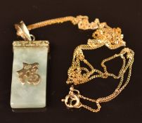 A 9ct gold pendant set with jade and Chinese character on 9ct gold chain, 2.3g