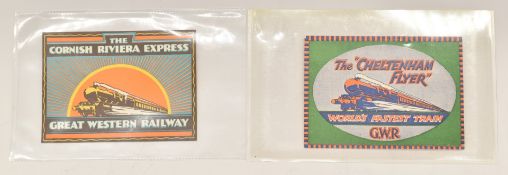 Two Great Western Railway luggage labels comprising Cheltenham Flyer and Cornish Riviera Express