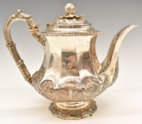 Georgian hallmarked silver teapot with embossed floral decoration and foliate finial, London 1826,
