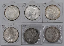 Six USA Morgan silver Dollars comprising 1901, 1902 and 1904 New Orleans and three 1921 examples
