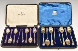 Two cased sets of hallmarked silver teaspoons with tongs, one being Walker and Hall the other Mappin