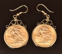 A pair of 9ct gold earrings set with a 1966 & 1965 gold full sovereign,19g