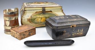 Collection of items to include papier mâché caddy, coopered treen tankard, toleware style workbox