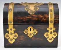 Coromandel gilt metal mounted dome top box with fitted interior housing two cut glass bottles, W14.5