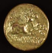 Celtic stater in very debased brassy gold, of Catuvellauni of Cunobelin AD10-40, horse prancing