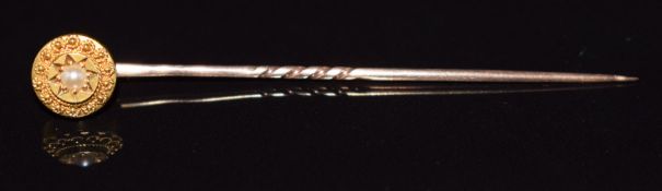 Edwardian 15ct gold stick pin set with a pearl, in vintage box, 1.8g