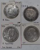 Ferdinand VII 8 Reales, 1820 Mexico City, together with three five silver Pesatas coins, 1871,