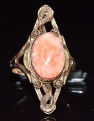 A 14k gold ring set with a coral cameo, 4.8g, size Q/R