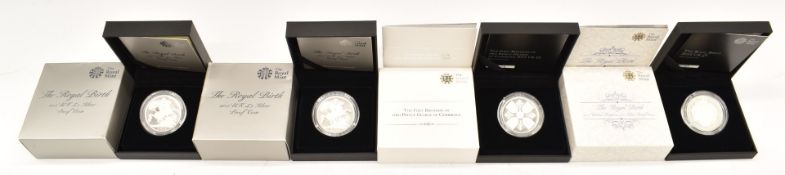 Four Royal Mint £5 silver proof coins comprising 2014 First Birthday of HRH Prince George, 2015