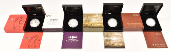 Four Royal Mint £5 silver proof coins comprising The Longest Reigning Monarch piedfort, 2014