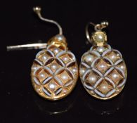 A pair of Victorian gold earrings set with split pearls and banded agate cabochons, 11g, 2.8cm long
