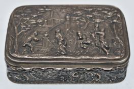 Edward VII embossed hallmarked silver box with manor house scene and gilt interior Chester 1902,