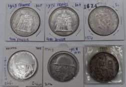 Italy three silver coins including 1874 5 lire, 1928 and 1943 20 lira, together with French 1882 1