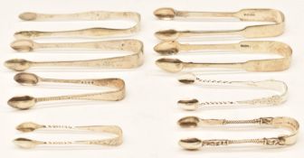 Eight sets of Georgian and later hallmarked silver sugar tongs including Peter & William Bateman