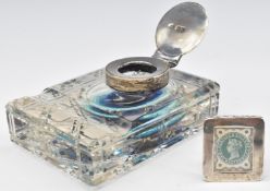 Victorian hallmarked silver mounted cut glass inkwell with pen rest to front, London 1898, maker