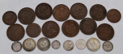 Thirteen coins including early 20thC silver Russia, Switzerland and Straits Settlement, together