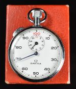 Omega keyless winding open faced stopwatch with blued hands, black Arabic numerals, white dial and