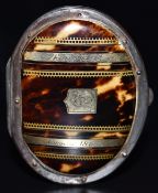 Late 19th/early 20thC French gold inlaid metal bound piqué purse with banded decoration and