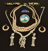 A diamanté / paste necklace and matching earrings, faux pearls, Limoges brooch, pen etc