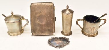 Hallmarked silver items to include cigarette case, Art Deco cruet set and a brooch marked