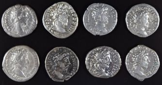 Roman Imperial coinage The Antonines Ad138-193 Marcus Aurelius eight silver Denarius, various