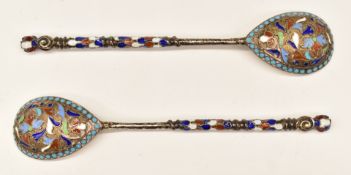 Pair of Russian or similar silver and enamel spoons, with 84 marks, length 10.5cm, weight 26g